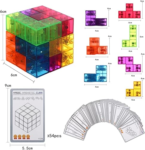 Miniatura 2 de Bloque de construcción magnético, cubo transparente con 54 tarjetas guía, diferentes formas, adecuado para mayores de 3 años y desarrollo de