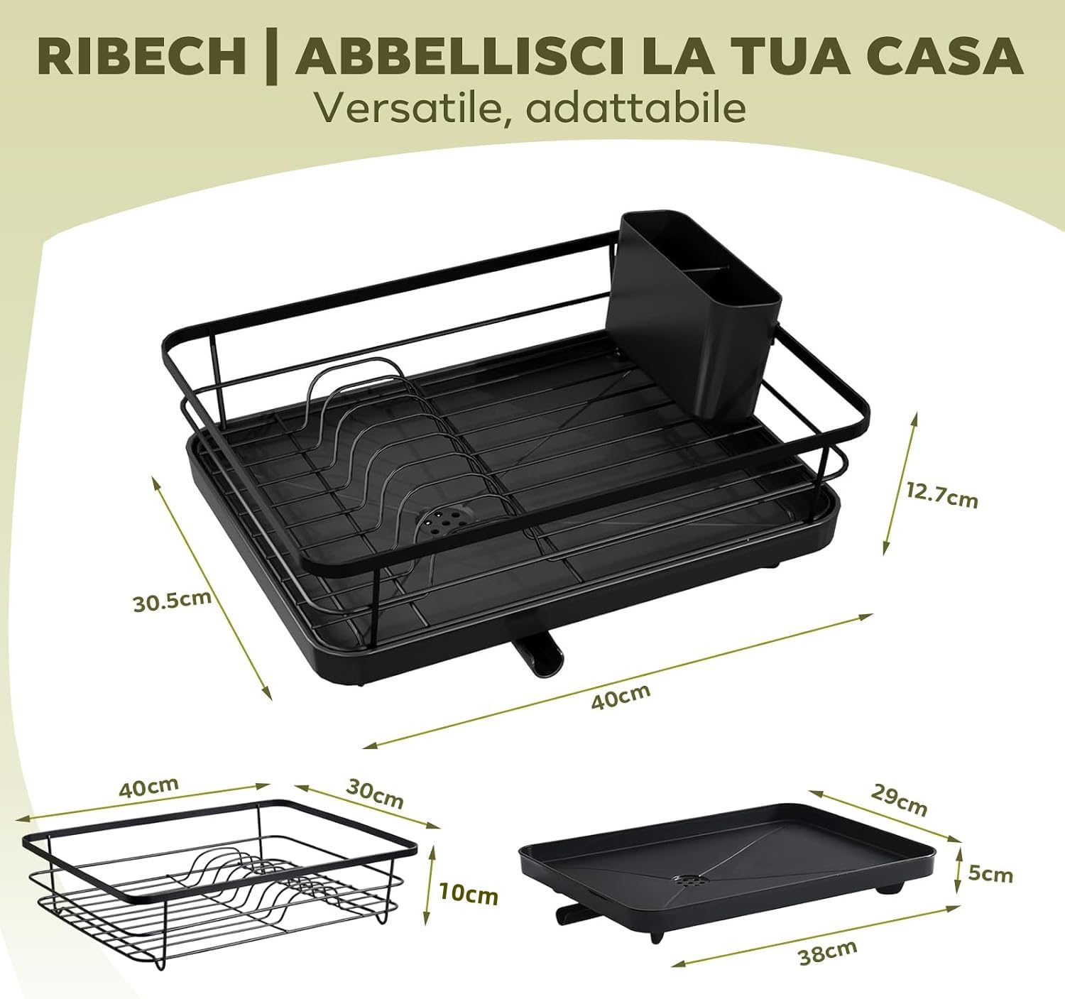 Scolapiatti da Appoggio - Scolapiatti da Lavello Salvaspazio, Scola Piatti per Bancone Cucina, Organizer da Cucina in Acciaio Inox con Portaposate, 29x38x13 cm, Nero