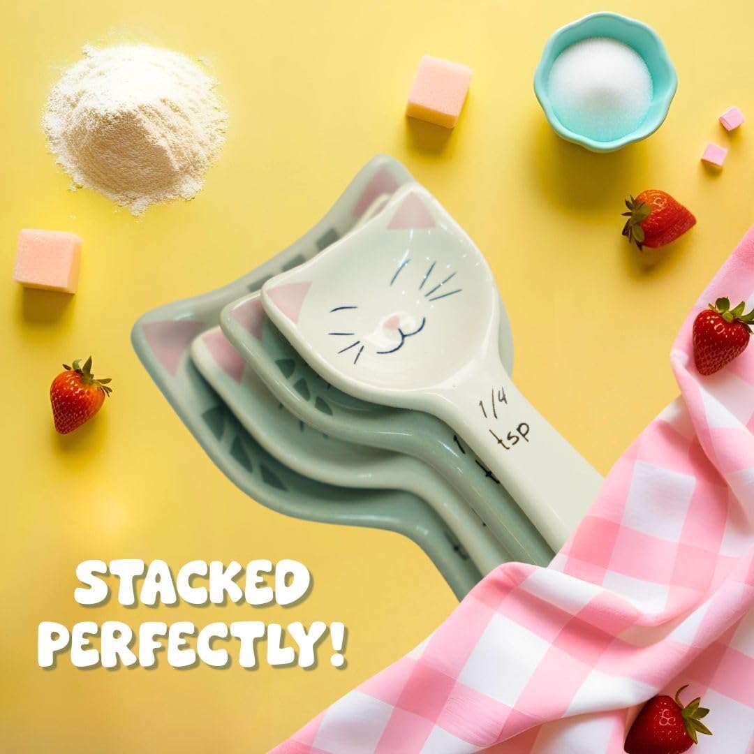 Cat Measuring Spoons - Cute Measuring Spoons Set w/Ribbon- Cat Kitchen Accessories for Cat Baking Supplies - Ceramic Measuring Spoons Set - Cat Themed Kitchen Items- Baking Gifts for Women (Set of 5)