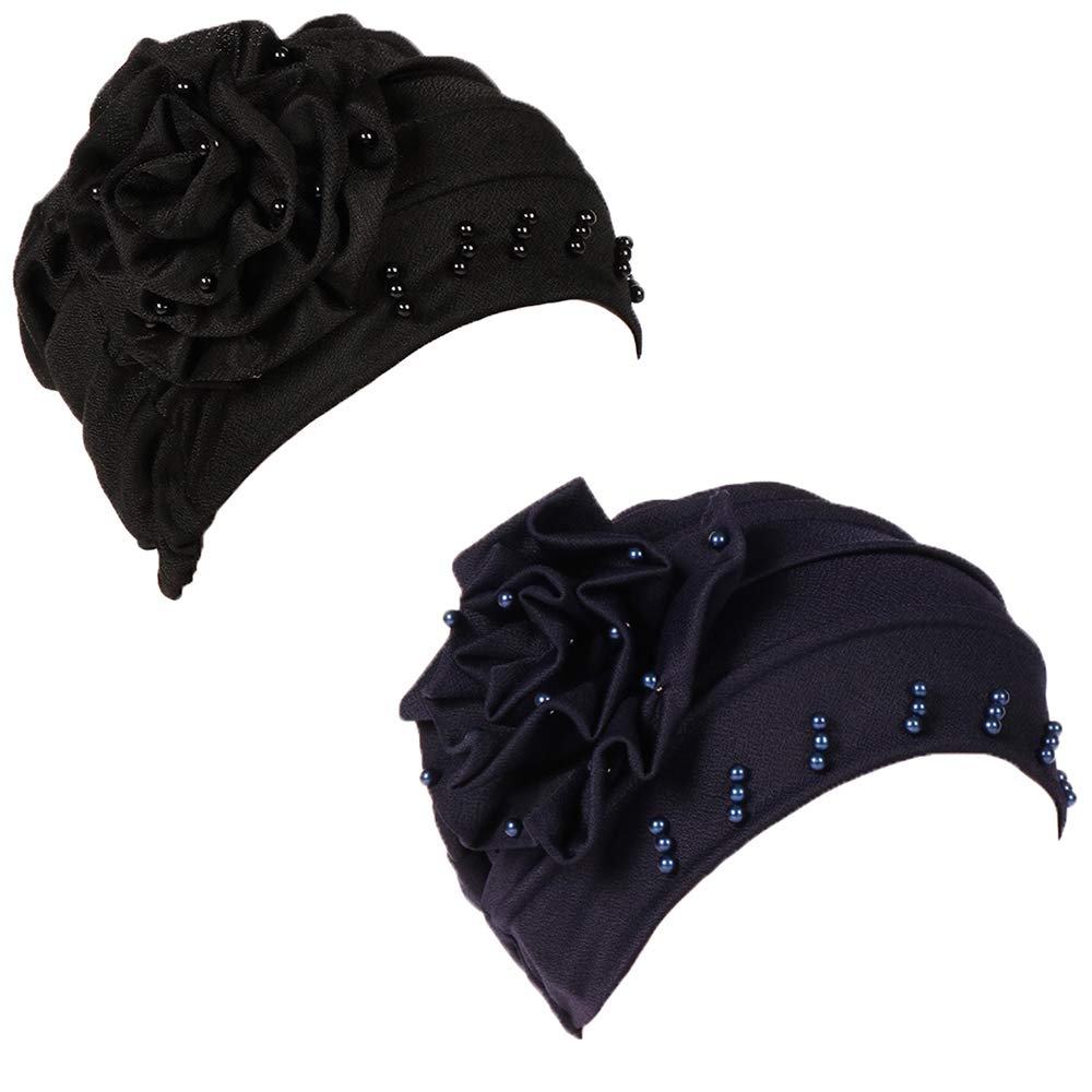 Zuochen Women's Black+Navy Turban Cotton Scarf Head Wrap Scarfs For Hat Beading Pearl Rose Detail (Black+Navy)