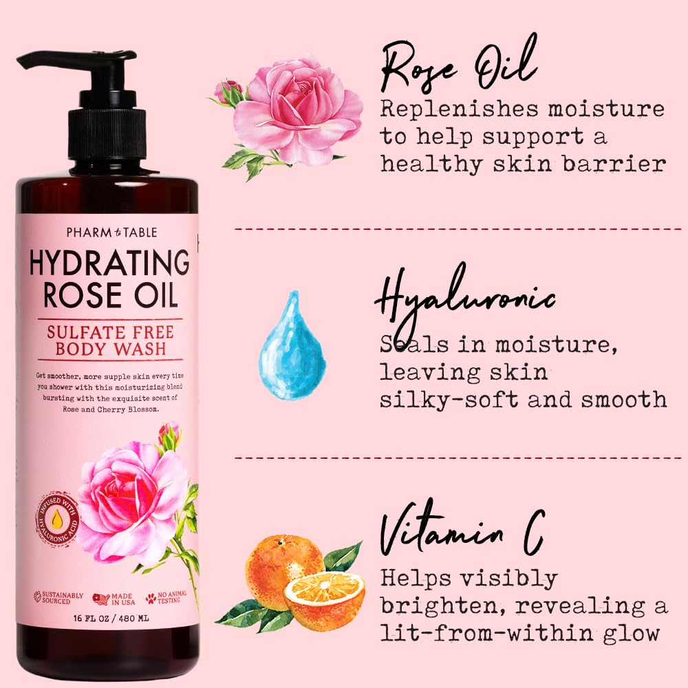 PHARM TO TABLE Gel doccia idratante con olio di rosa, per donne e uomini: idrata e illumina la pelle, senza solfati, 100% cruelty free, 480 ml