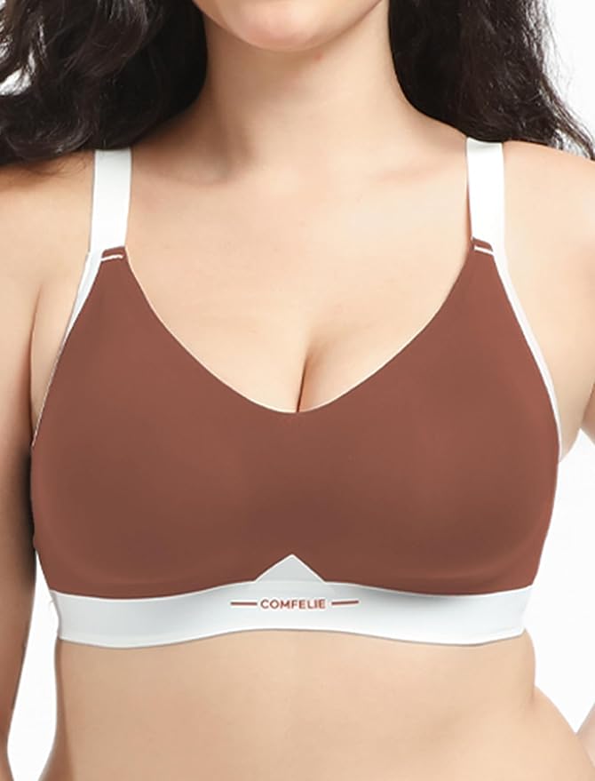COMFELIE Wireless Bralette No Underwire Seamless Bra Lined Padded Lightweight Deep V Neck for Large Bust Breathable Support Brown