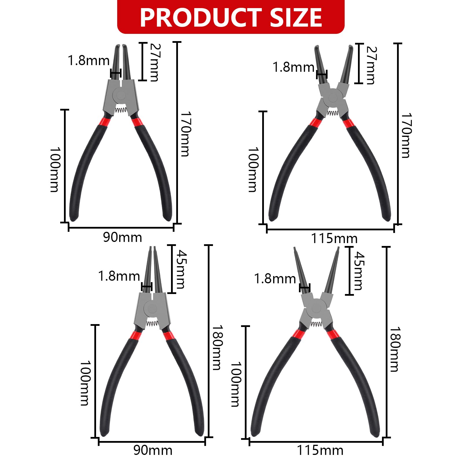 VFANDV Set Pinze per Anelli di Sicurezza, 4 Pezzi Dritti Pinza Seeger con Maniglie Antiscivolo Piegati Pinza Seeger Maniglie Antiscivolo Pinze per Anelli di Sicurezza Set per Interni Esterni