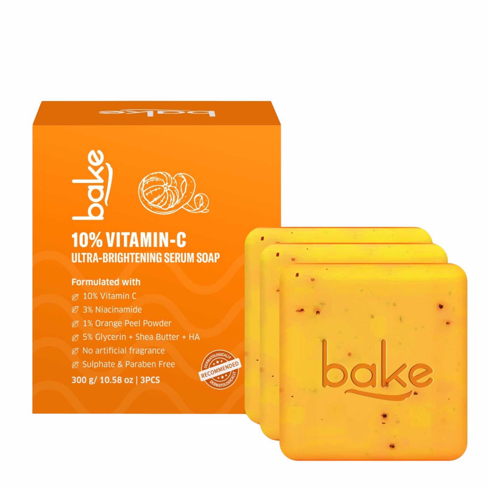 BAKE 10% Vitamin C Ultra Brightening Serum Soap (300g, Pack of 3) with 3% Niacinamide & Turmeric for Pigmentation, Sun Tan & Dark Spots | Exfoliates Dead Skin Cells, Removes Stubborn Marks | For Men & Women - 300g-image-5