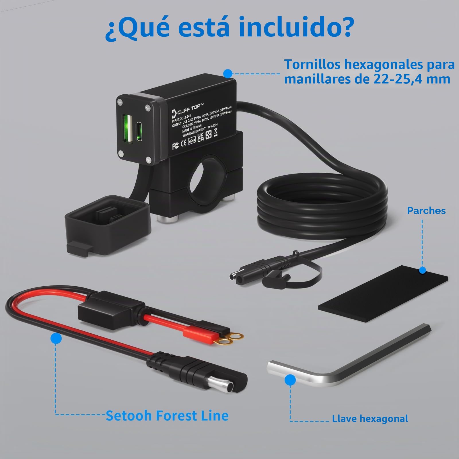 Cliff Top Cargador USB de aluminio para motocicleta PD USB-C y QC 3.0 de 36 W con interruptor de encendido magnético y resistente al agua para manillares de 7/8 '', 1 '' y 1 1/4 ''