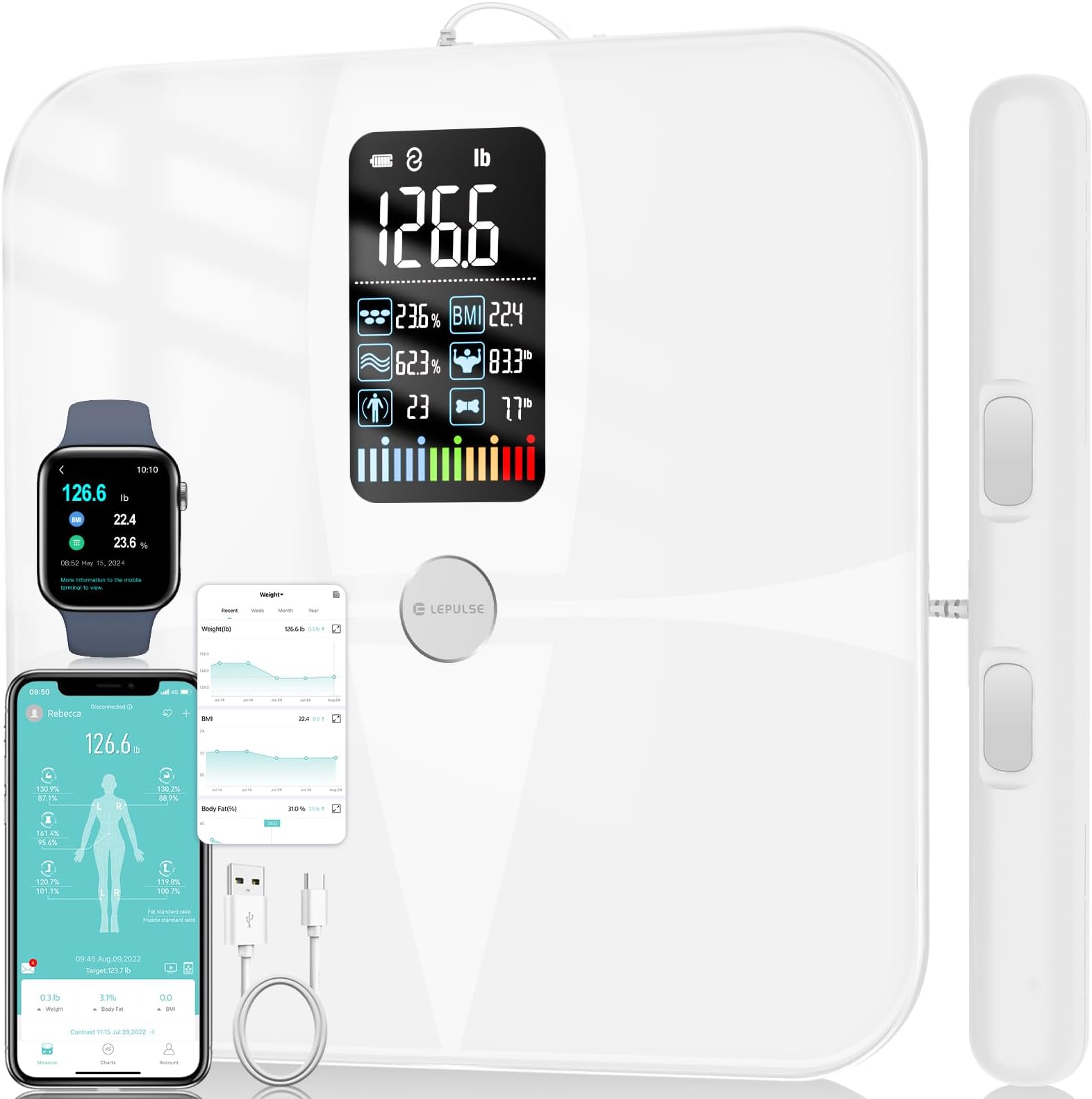Lepulse 8-Electrode Smart Body Composition Scale, Dual-Frequency BMI & Body Fat Analyzer with Color Display, Fitdays App Sync, Type-C Charging(White)