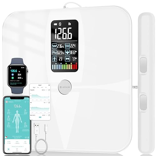Lepulse Báscula inteligente de composición corporal de 8 electrodos, IMC de doble frecuencia y analizador de grasa corporal con pantalla a color,