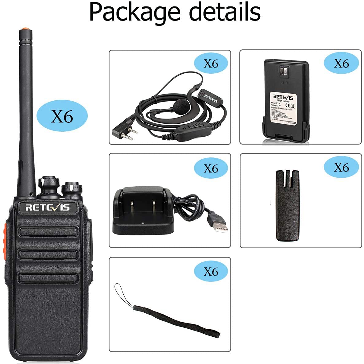 Retevis Rt24 Walkie Talkies Plus, 16 KanałóW Pmr Bez Licencji Vox Ctcss I Dcs Zestaw Radiowy Z łAdowarką Usb I Zestawem SłUchawkowym Ochrona Przed Warunkami Atmosferycznymi Ipx4 (6 Sztuk, Czarny)