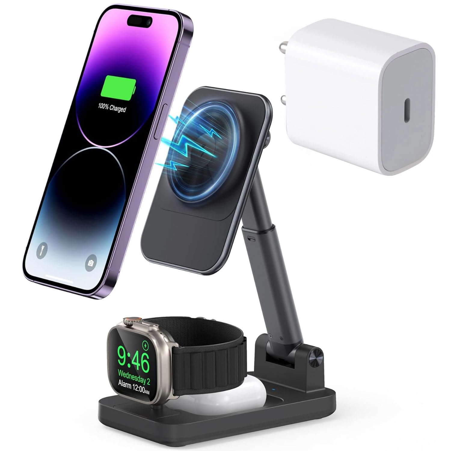 UNIGEN® Magtec 310 3-in-1 23W Magnetic Charger with Adapter, MagSafe Compatible with iPhone 17/16/15/14/13/12 Series, AirPods 2nd/3rd, and Apple Watch Series 9/8/7/6/5/4/SE (Black)