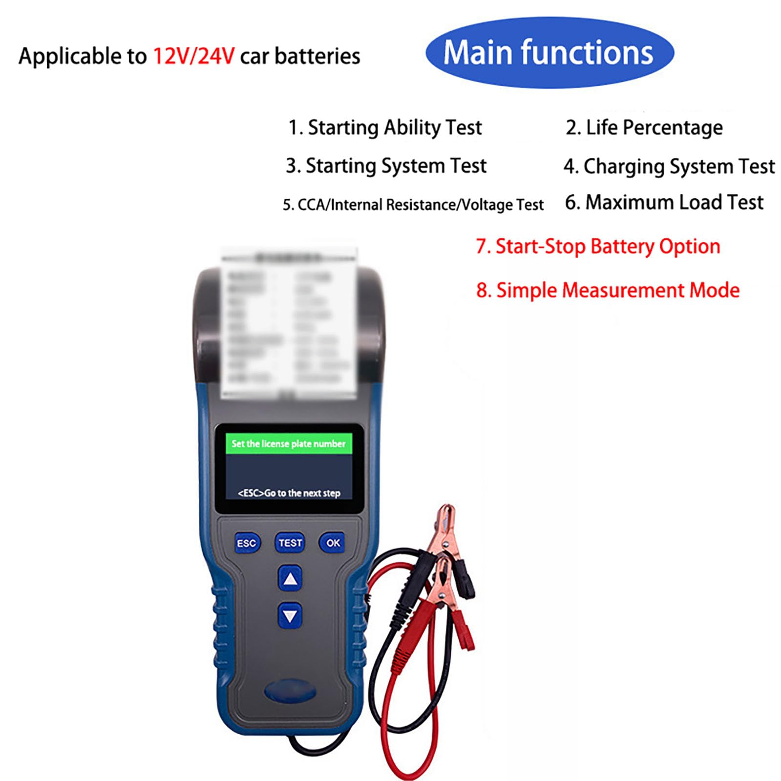 Comprobador de batería de Coche de 12 V/24 V con Impresora integrada. Analizador de batería para Coches, SUV, Barcos y Yates. Herramienta de diagnóstico de la duración