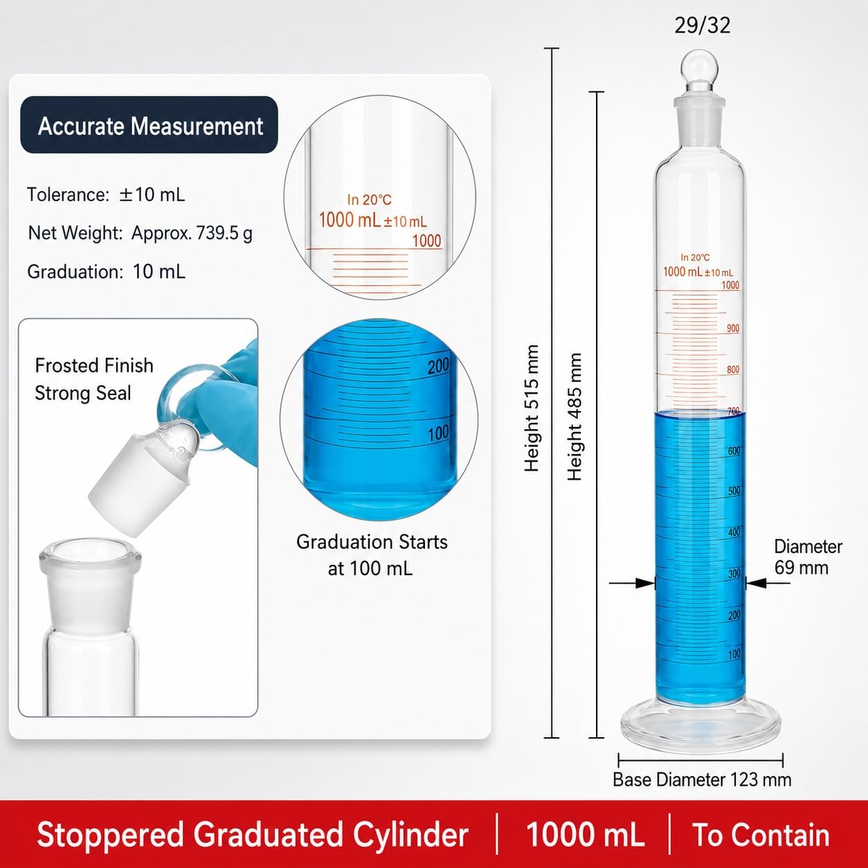 Skalowany Cylinder Mieszający Szkło Borokrzemowe z Korkiem Lab Rurka-1000mL