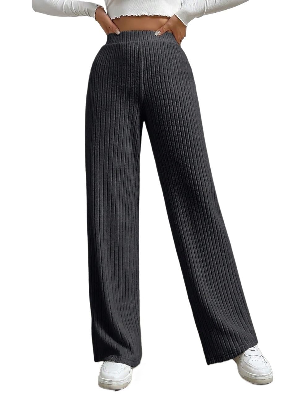 Womens Fall Solid Color High Waist Ribbed Straight Loose Casual Pants Trousers