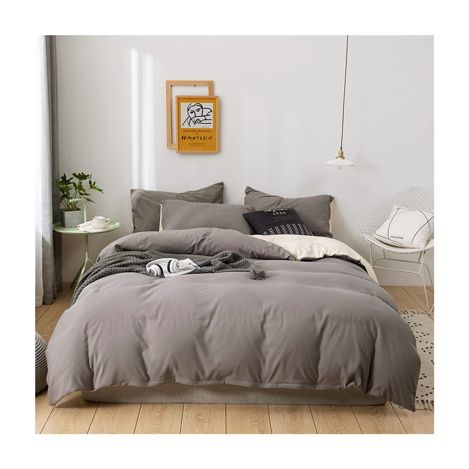 SEGUROS King Soft Bedding -Simple and Stylish Duvet Cover-Sheet-pillowcase-4pcs Bedding Set Duvet Cover(Silver gray +Beige)