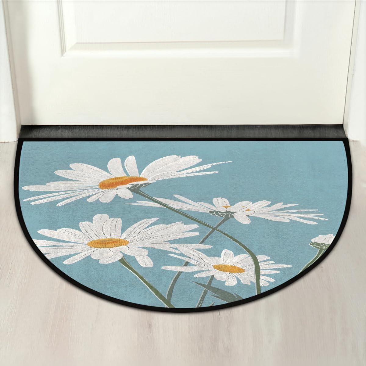 Half Round Door Mat Flower Daisy White Half Moon Rug Washable Half Circle Area Rugs Indoor Entrance Non Slip Semi Circle Bathroom Rugs Floor Carpet for Kithen Bedroom Fireplace Decor