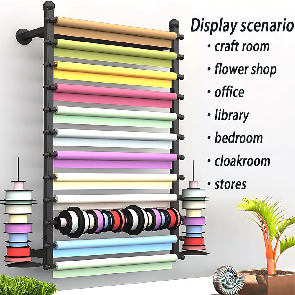 KK-GAL Professional Wrapping Paper Display Stand, Boutiques Trim Ribbon Roll Storage Rack, Wall Mounted Leather Organizer Holder, 12 Adjustable Bars, Flower Market Bouquet Packaging Rack,Gold 100cm