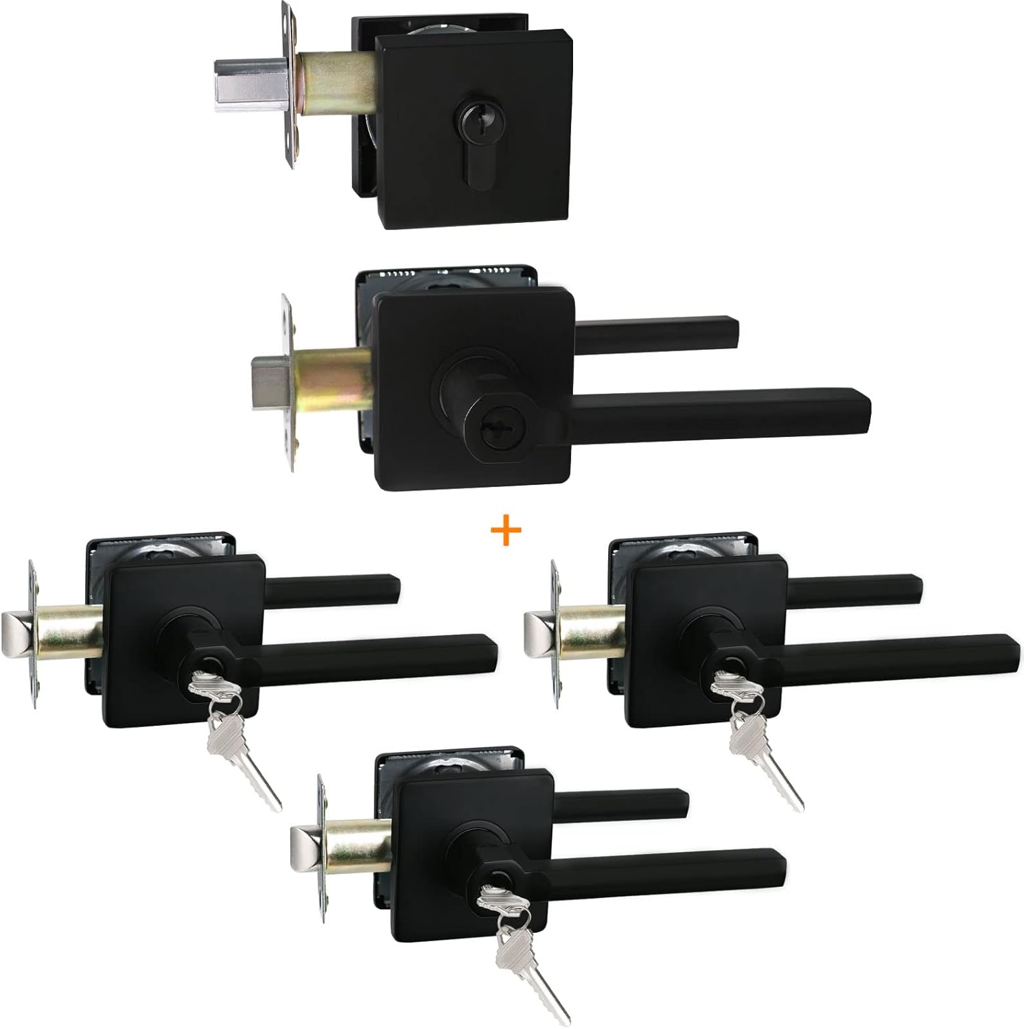 NEWBANG (1 Pack Entry Combo with Deadbolt + (3 Pack) Keyed Entry Door Lever in Matte Black