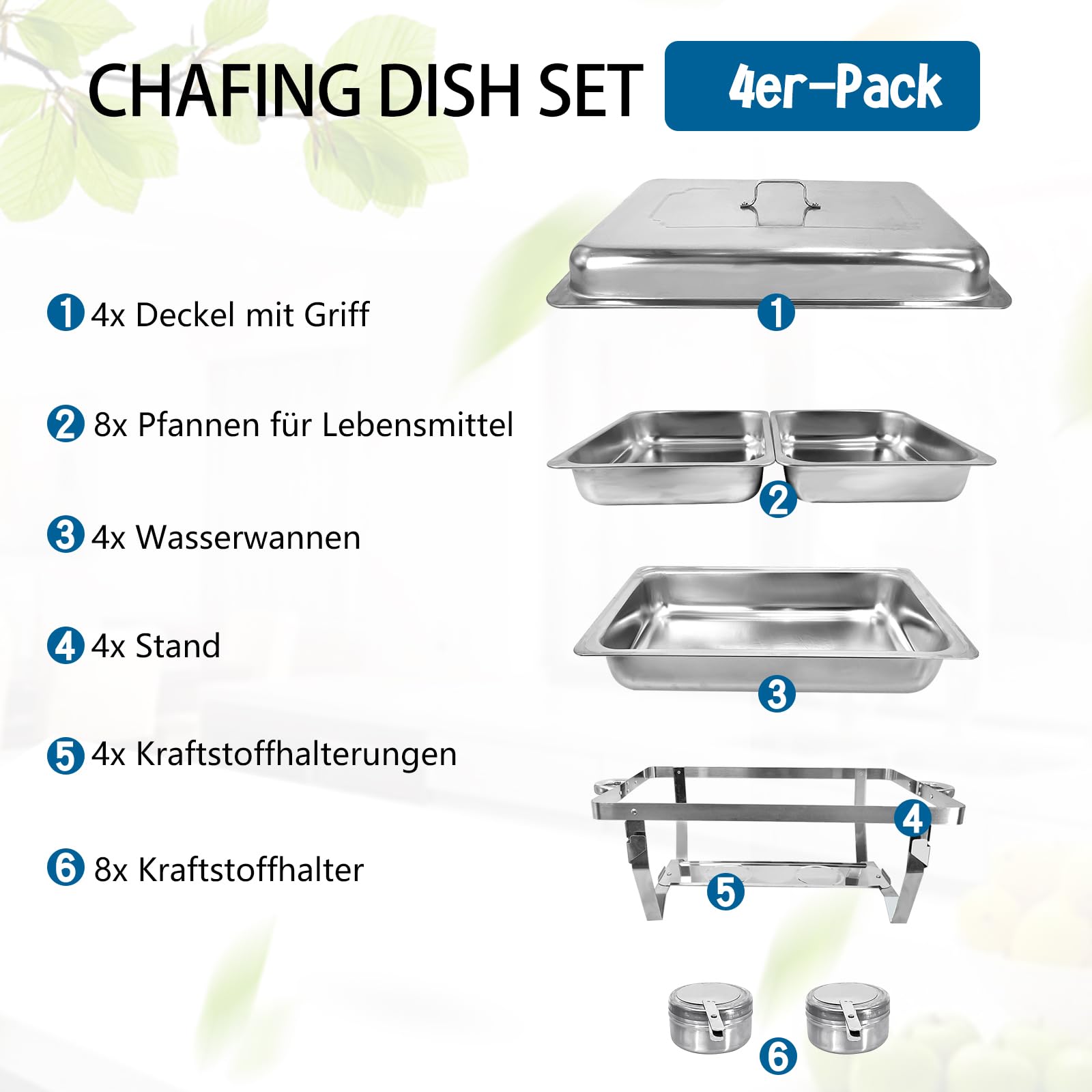 Chafing Dish Edelstahl Buffet-Set Warmhaltebehälter Speisenwärmer Wärmebehälter Rechaud für Catering, Buffet und Party (4 Set 1x2 GN-Behälter)