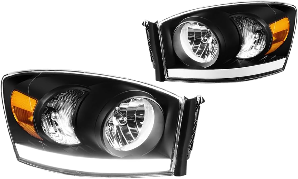 PM PERFORMOTOR Black Housing Amber Corner Pair LED DRL Front Bumper Headlight Lamp Set Compatible with 06-09 Ram 2500 3500/06-08 Ram 1500, PMHL-DRAM-0608-LB-BA