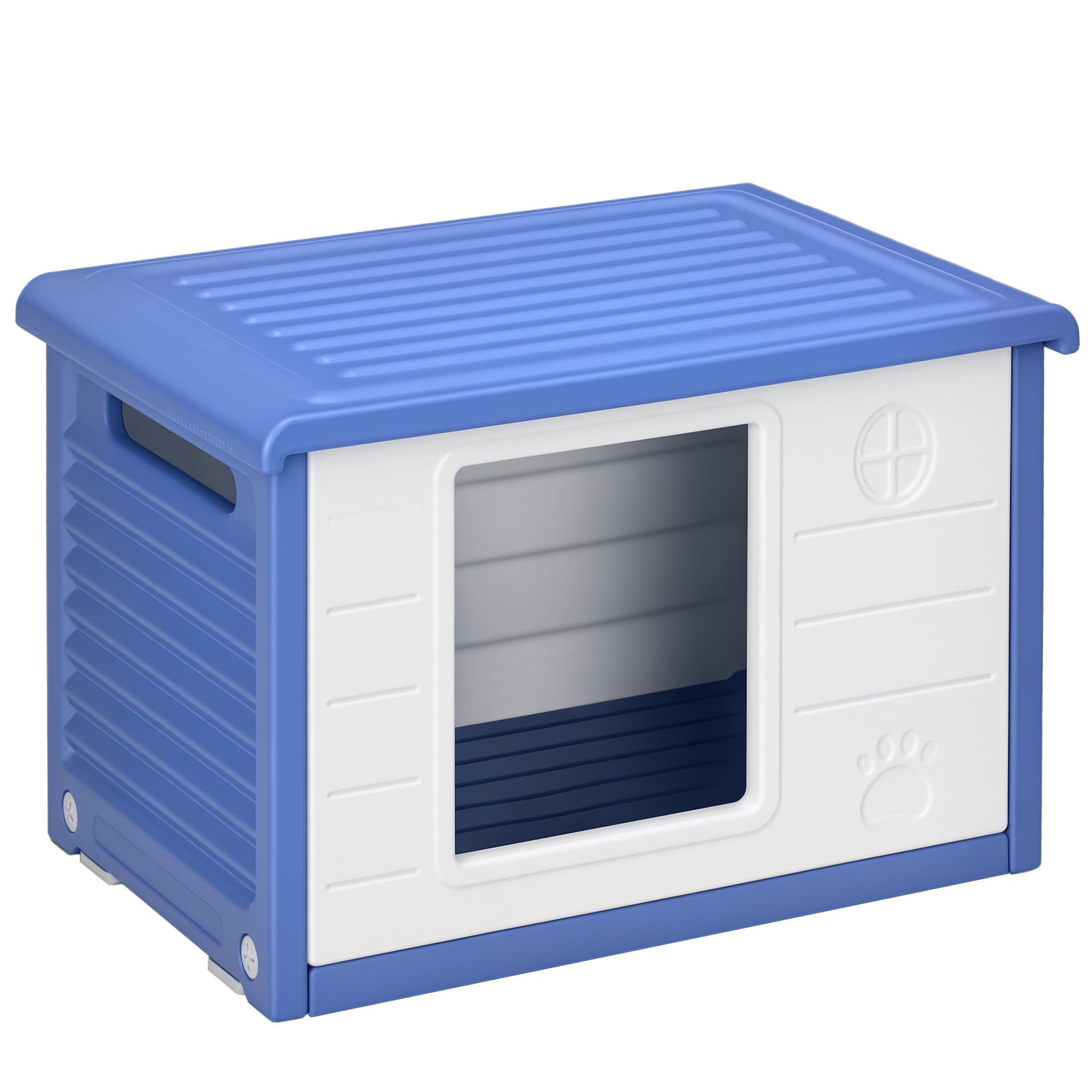 PawHut Niche pour Chien extérieure abri pour Chiots en Plastique Maison pour Chiens avec bouches d'aération résistante à l'eau dim. 60L x 42l x 40H cm Bleu et Blanc