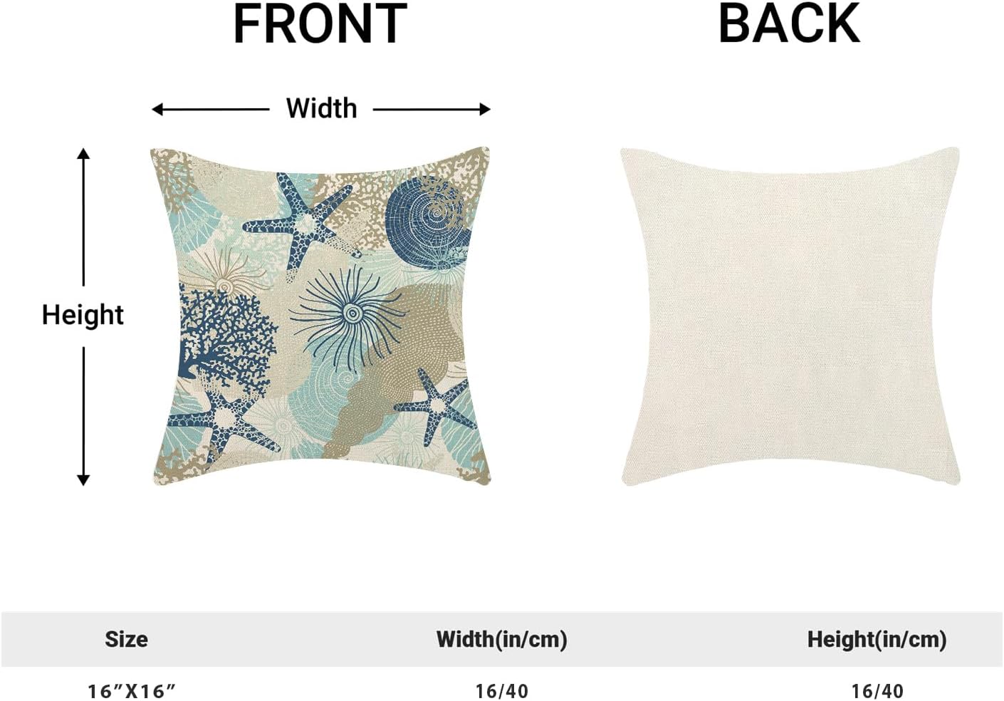 Nautical Coastal Throw Pillow Cover 16X16 Inch Pack of 2,Summer Beach Ocean Themed Decorative Pillow Covers Square Linen Starfish Seashell Pillow Cases Cushion for Bedroom Home Sofa Decoration - Image 2