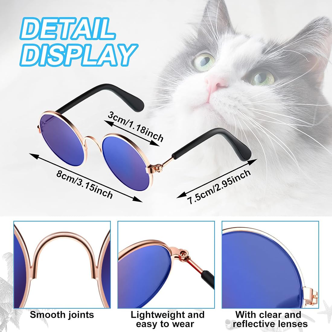 4 pezzi Occhiali da sole per gatti, Occhiali da sole da gatto, Simpatici occhiali da sole per animali, Occhiali da sole rotondi, Protezione dai raggi UV, per feste, cosplay