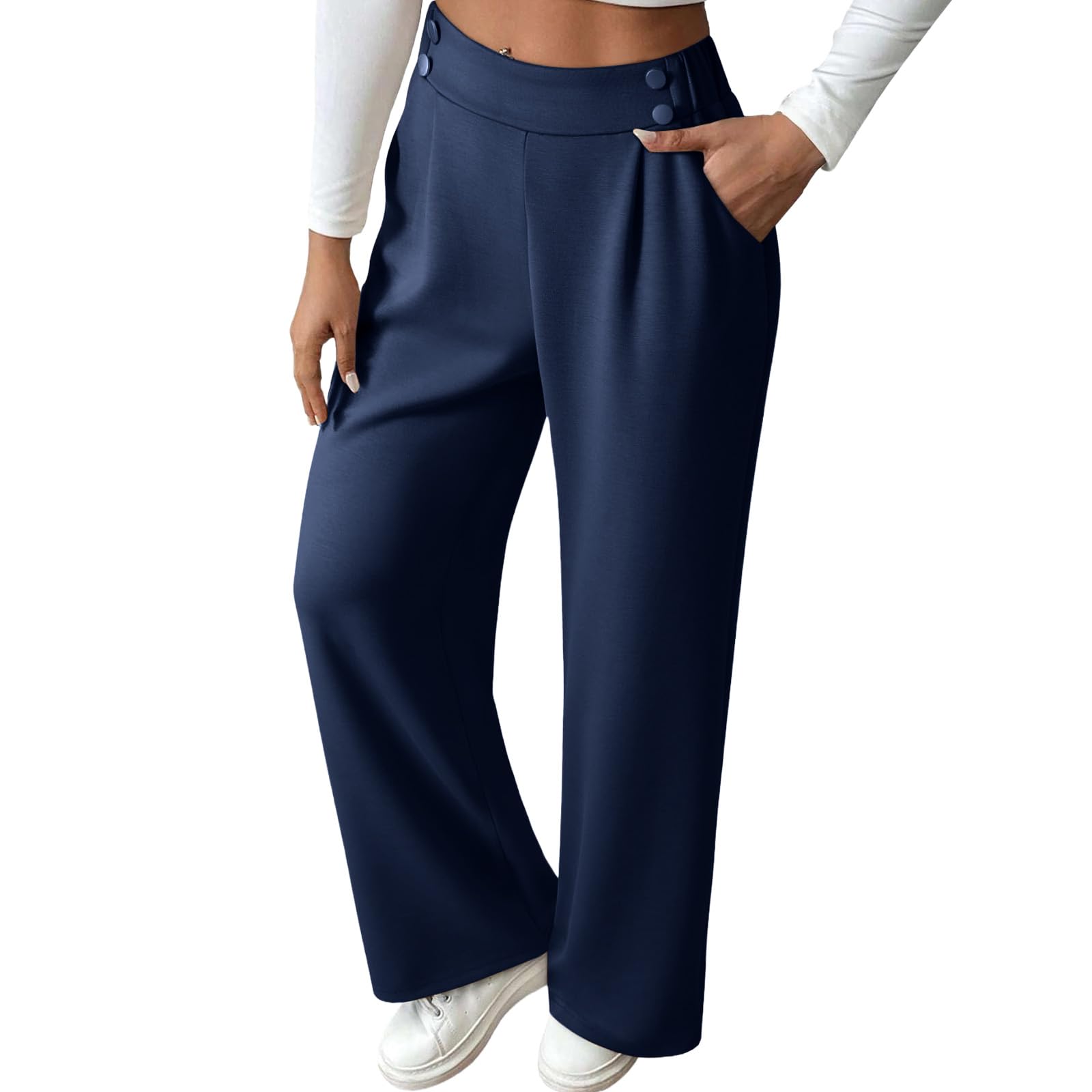 Women Wide Leg Dress Pants High Waisted Straight Leg Slacks Dressy Business Office Work Pants Button Down Casual