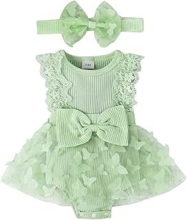 Baby Girl Clothes Romper Dress Sleeveless Lace with Headband 0-12M | Soft Knit Fabric, Lace Trim, 3d Butterflies Bow Design, Snap Closure, Ideal for Daily, Party or Photos, Machine Washable