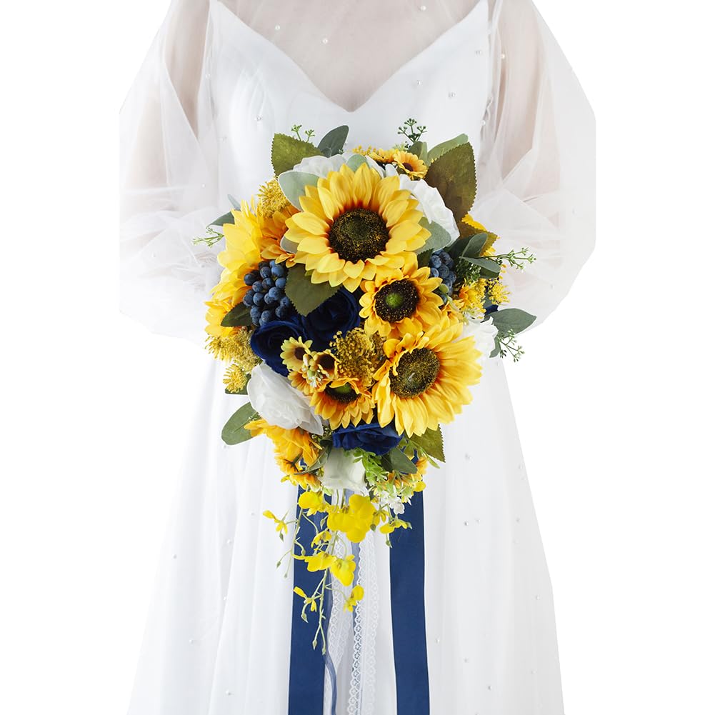 Floinla 12 Inch Cascade Wedding Bouquets for Bride, Royal Blue & Yellow Sunflower Cascading Bridal Bouquet for Wedding Silk Artificial Flowers