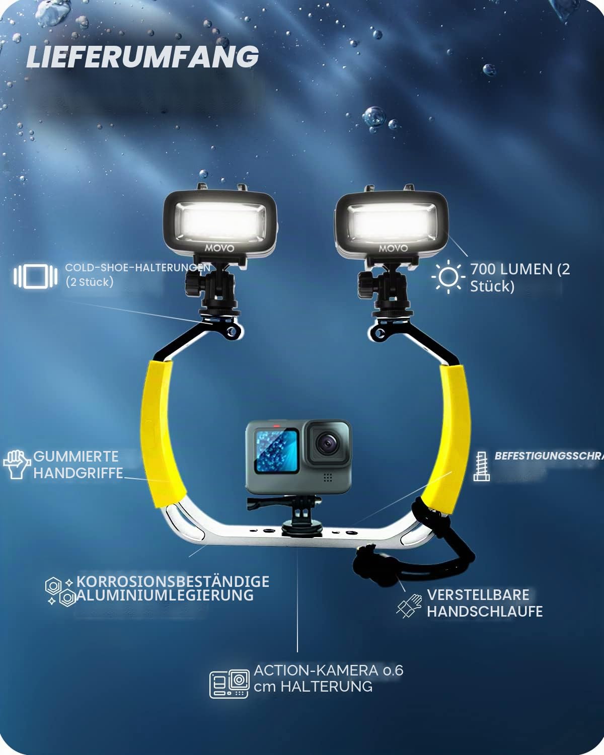 Movo DiveRig1 XL Diving Rig Bundle mit Wasserdichten LED-Lichtern - Kompatibel mit GoPro Hero, HERO5, HERO6, HERO7, HERO8, HERO9, HERO10 und DJI Osmo Action Cam - Tauchzubehör für Unterwasserkamera