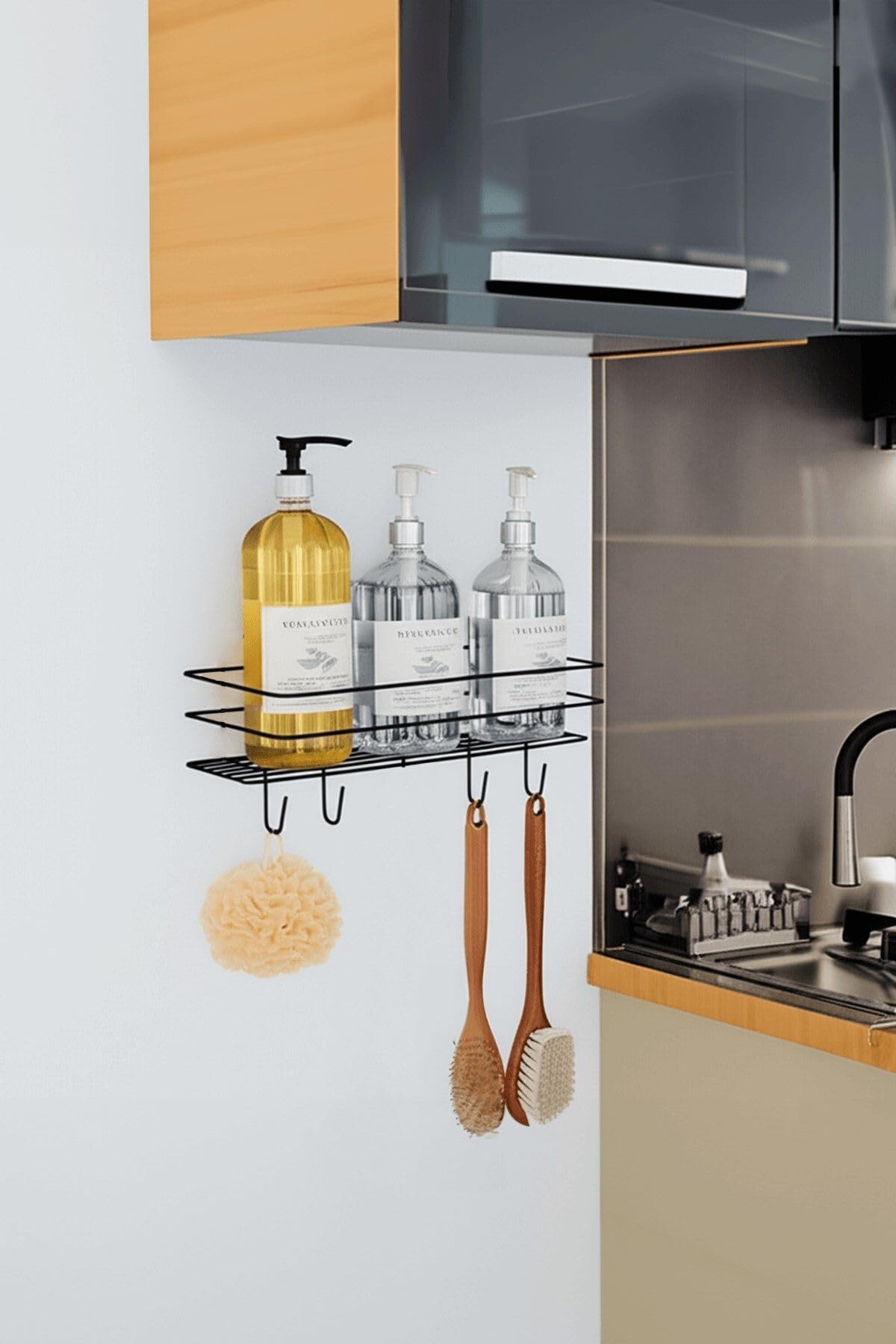 Sas Haus Siyah Yapışkanlı Banyo Rafı Mutfak Rafı Çok Amaçlı Askılı Düzenleyici Organizer Paslanmaz Şampuanlık Siyah