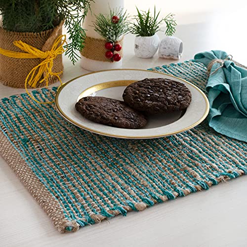 Chardin Home | Natural Jute Placemats Set Of 4 | 13X19 Inch. Rustic Farmhouse Place Mats | Table Mats Colors - Natural Jute And Aqua Turquoise #TOP2