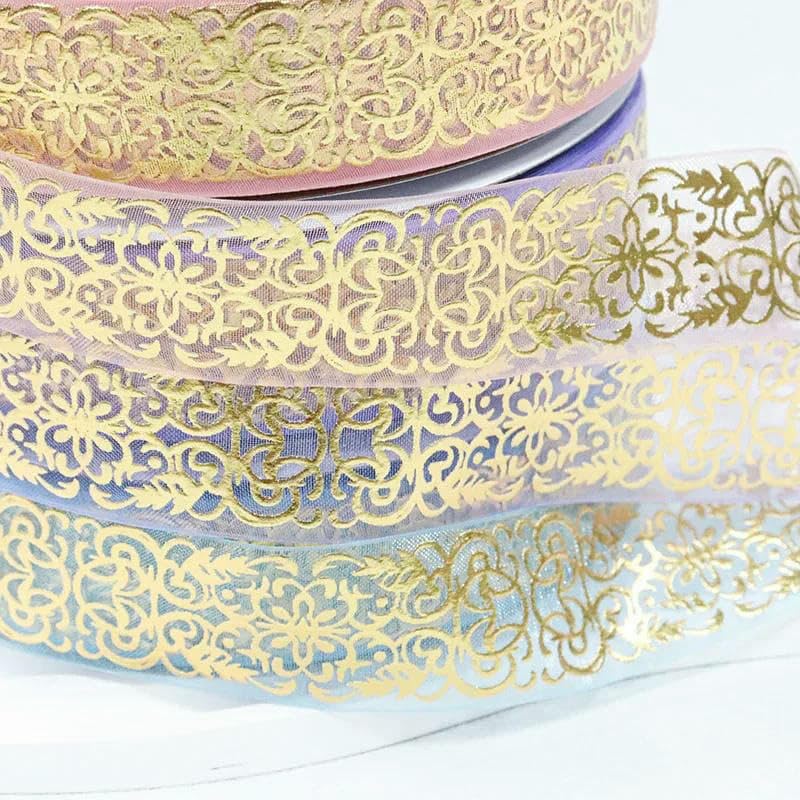 Großhandel 1'' 25mm Gold Arabesque Damast Chiffon Organzaband für Verpackung Hochzeit DIY Handwerk Nähzubehör-153Sherbet-50Yards