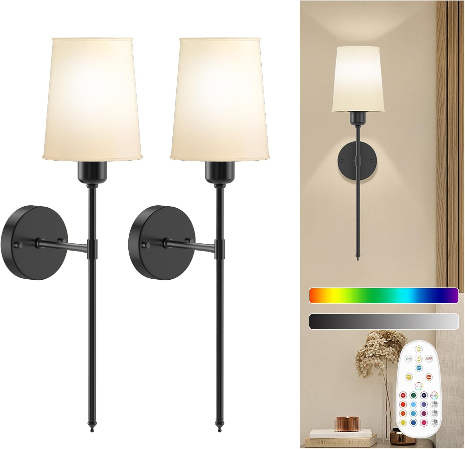 Battery Operated Wall Sconce Set of Two, Dimmable Sconces Wall Decor, Rechargeable Wall Lamp for Bedroom, Living Room, Black