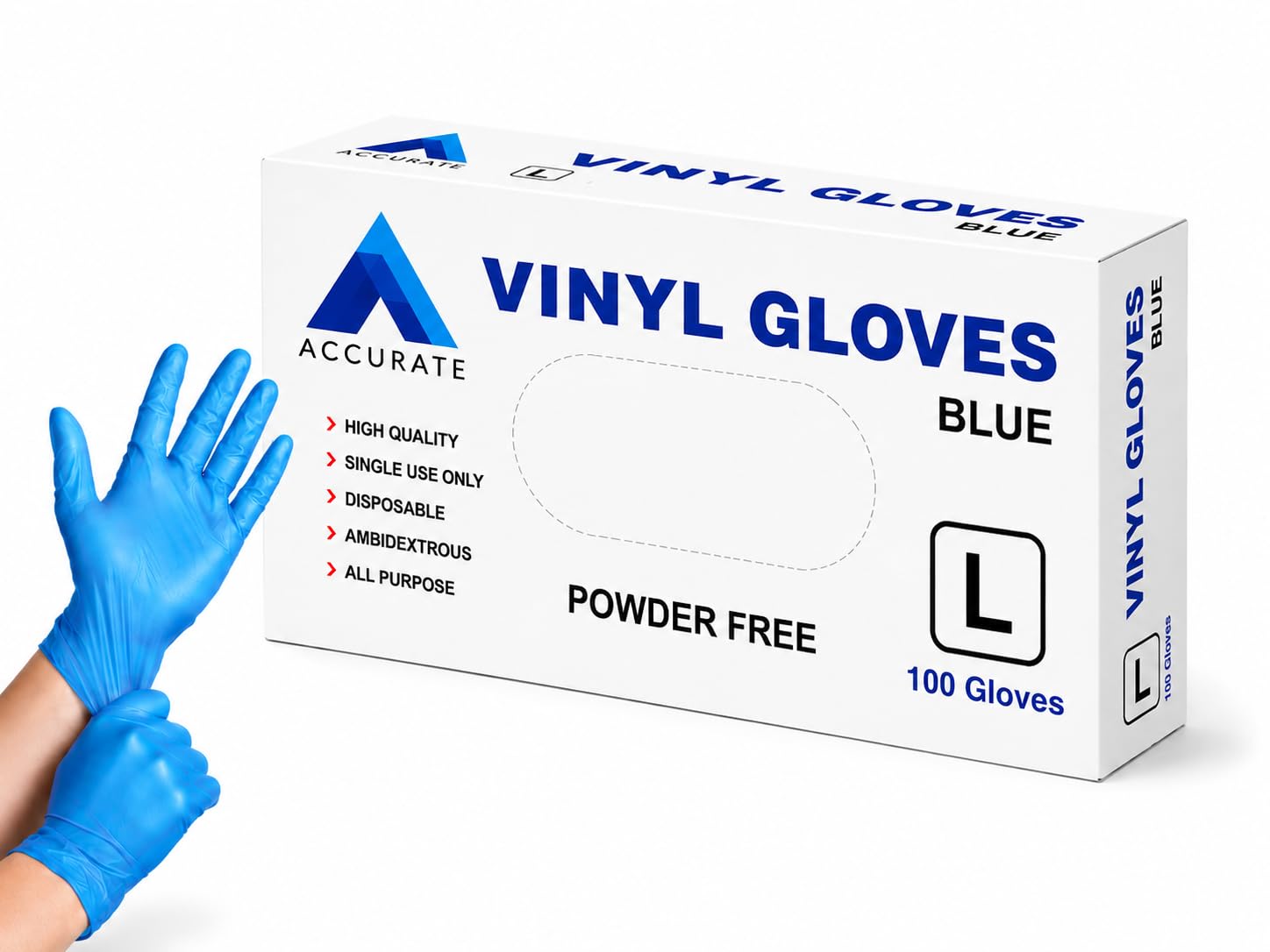 ACCURATE pack of 100 Disposable Vinyl Gloves/Powder Free/Extra Strong/multi-Purpose use Colour - Blue (LARGE)