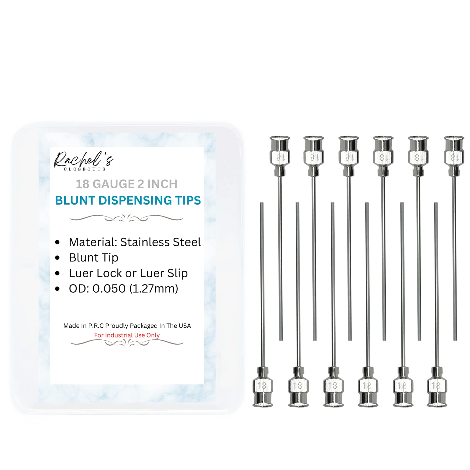 Rachel's Closeouts 12 Packs of 18 Gauge Needle 2 inches Stainless Steel Blunt Tip Needle Dispensing Needle Luer Lock Tips Needle -Industrial Needles for Ink Cartridges,Glue,Syringes,Woodworking