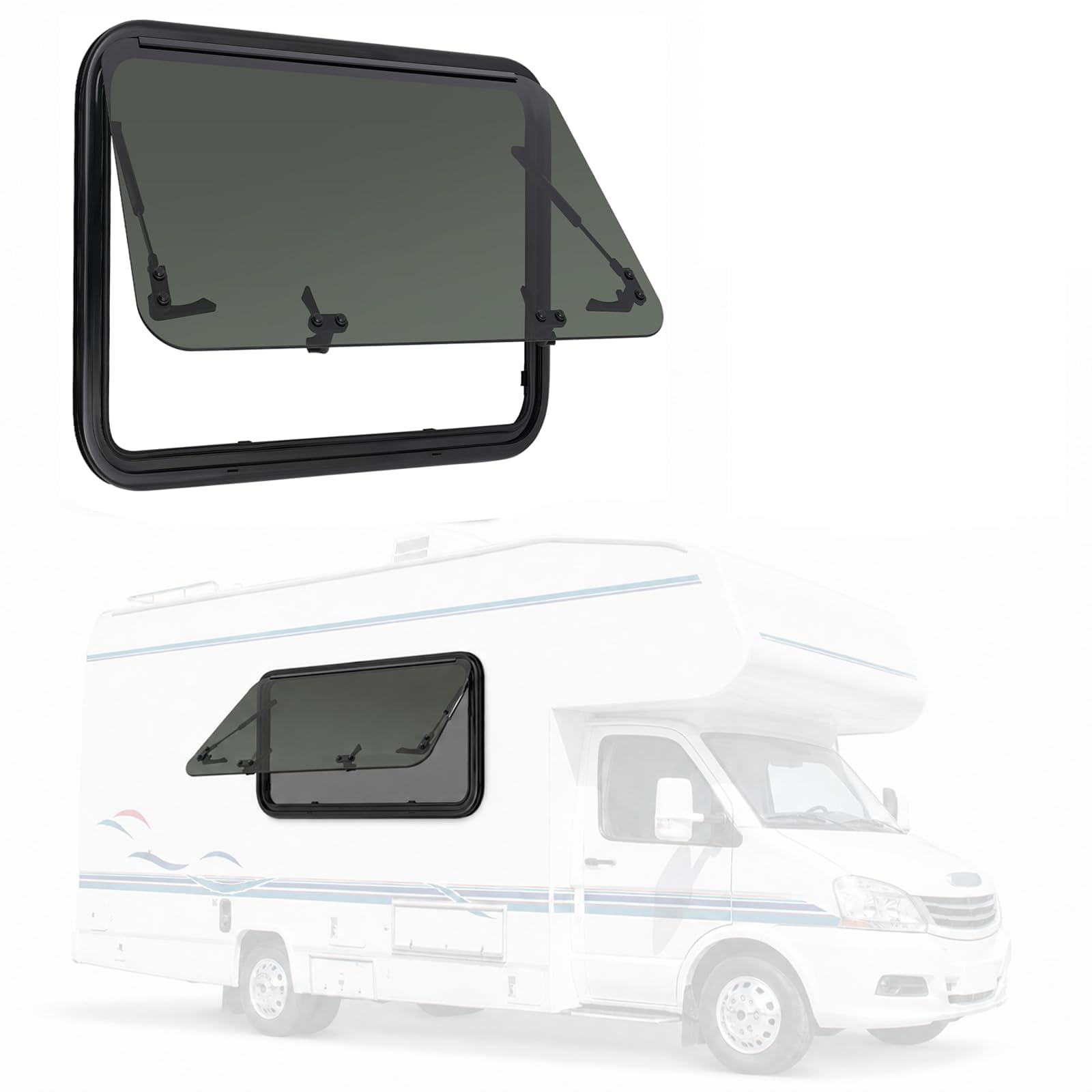 Finestra Camping Car 800 x 500 mm, Finestra basculante per Caravan con zanzariera e tenda incorporata, vetro temperato tinto, apertura 85°, baia laterale per Van Fourgon paesaggistico