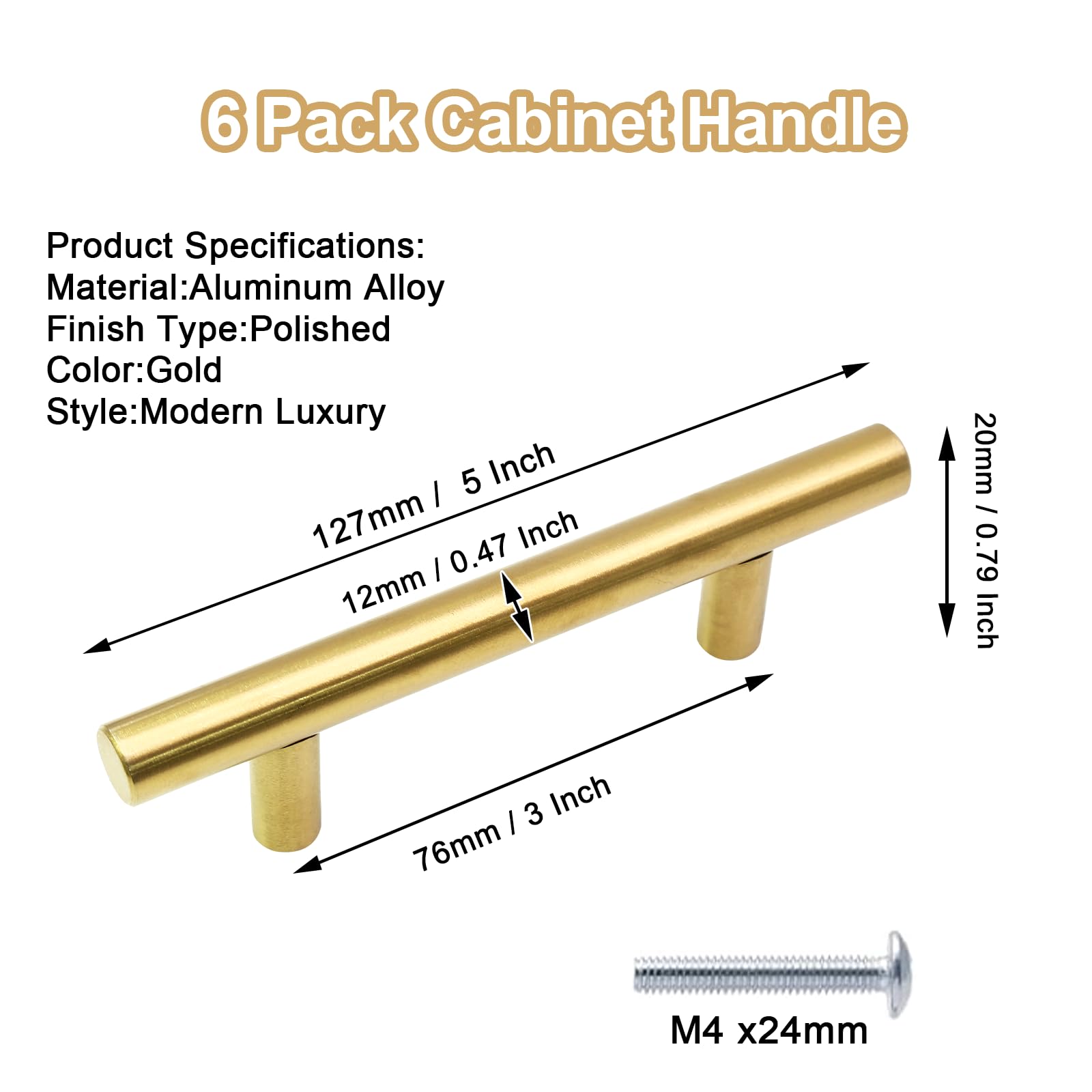 Cjueiom 6 Pack Gold Cabinet Handles 76mm Hole Centers, 127mm Length Stainless Steel T-Bar Handles for Drawers Wardrobe - Image 2