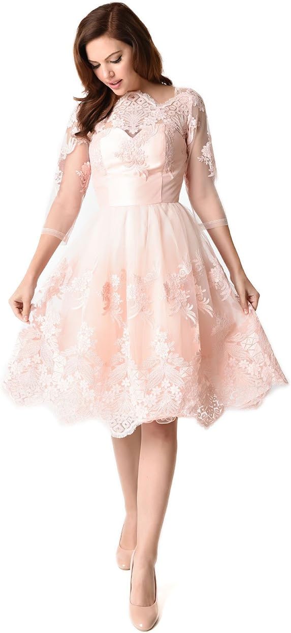 Chi Chi London 1950s Style Peach Pink Mesh Karina Sleeved Swing Dress