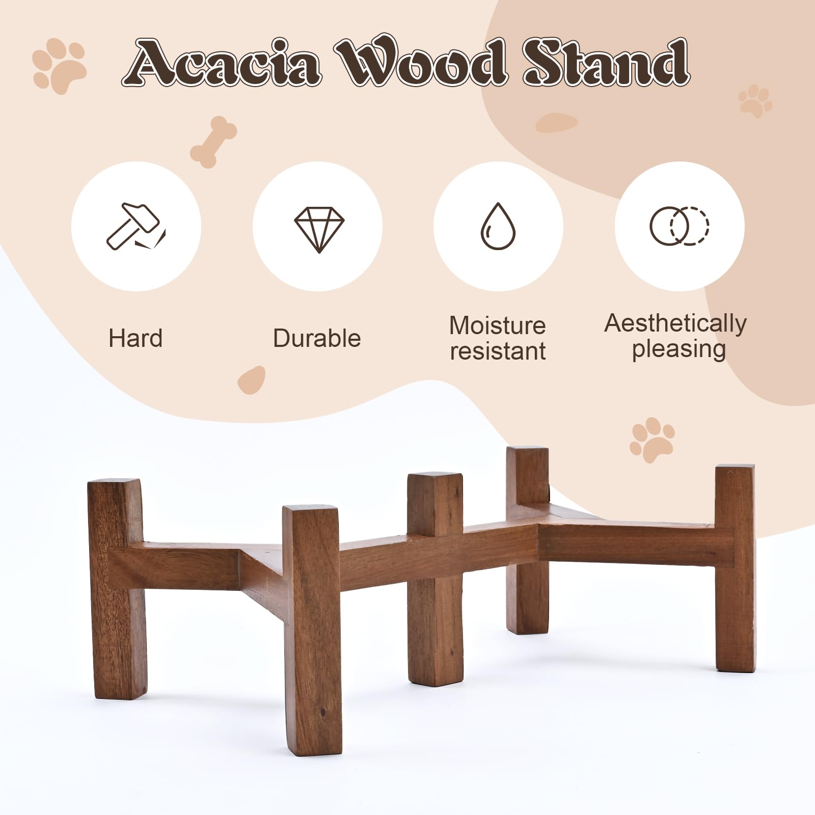 SPUNKYJUNKY Juego de cuencos de cerámica para perros con soporte de madera de acacia, cuenco elevado para comida y agua para perros pequeños y medianos (13 onzas, blanco)