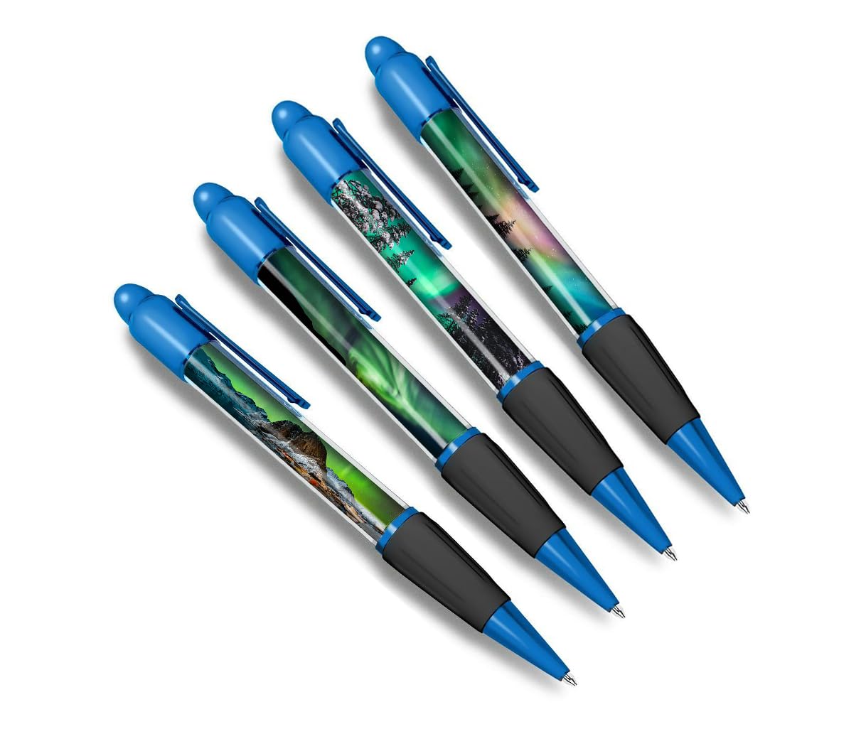 Set of 4 Northern Lights Blue Ballpoint Pens - Aurora Borealis Mountains Iceland Travel Friends Boys Girls Men Women Theme Pen #79361