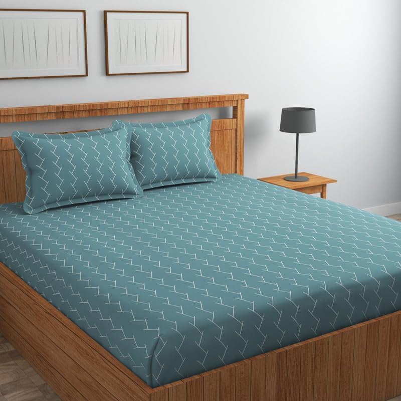 Image of Premium Cotton Fitted Bedsheet King Size 78 x 72 x 8 Inches with 2 Pillow Covers | 220 TC | All-Around Elastic Deep Pocket Bed Cover | Teal Blue Minimal Line
