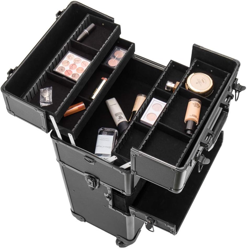 3 in 1 Rolling Makeup Train Case, Portable Multifunction Professional Large Aluminum Trolley Cosmetic Jewelry Organizer Box With Wheels/Mirror/Shoulder Strap/Locks (Black)