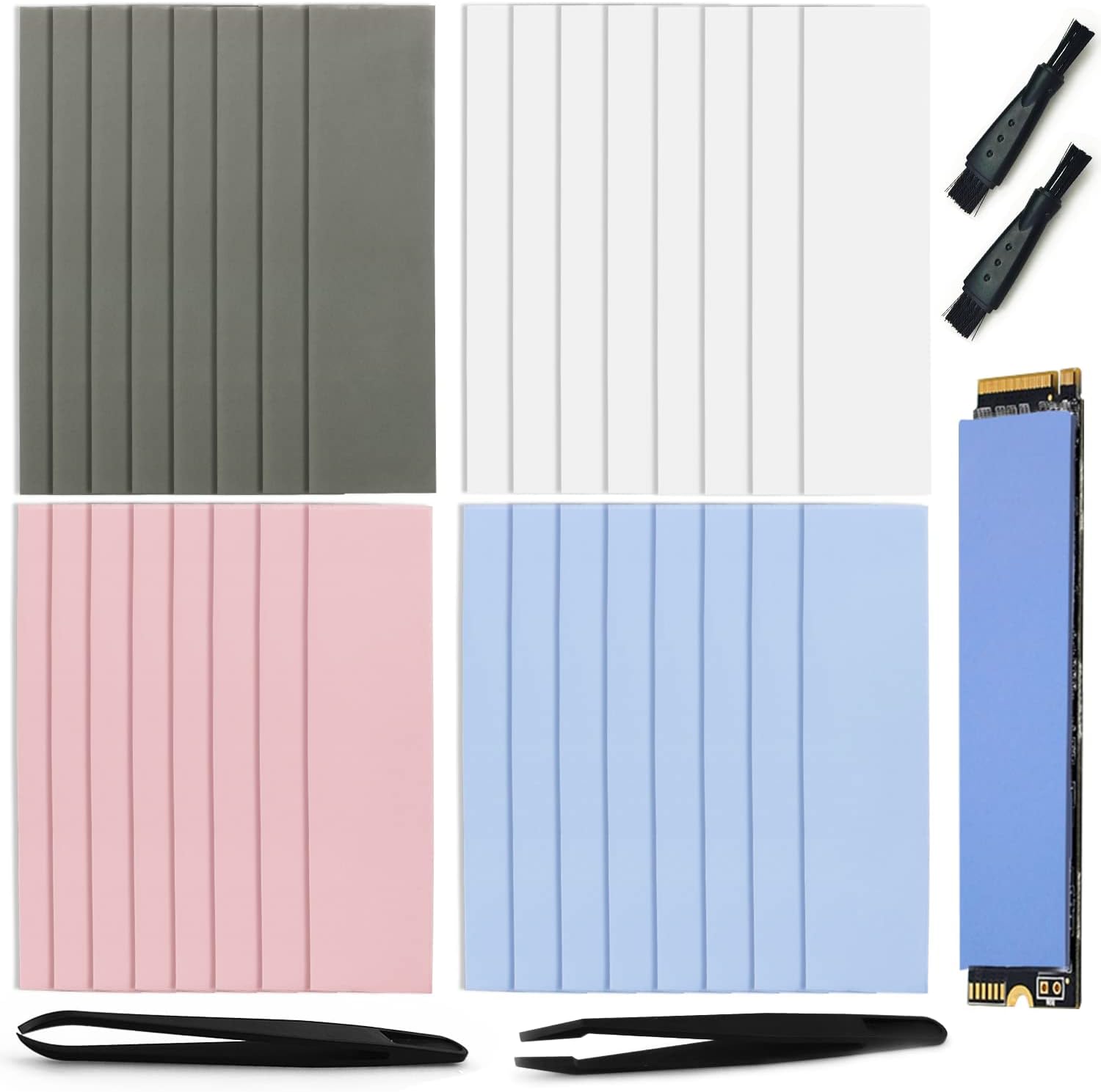 32 Pcs 3 X 0.8 Inch Silicone Thermal Pad, Reusable Therma Pad, Conductive Silicone Pad Each Thick, For Gpu Heatsink Cpu Chip Heat Conduction(2 Tweezers,2 Anti Static Brush, 1 Storage Box)4 Colors