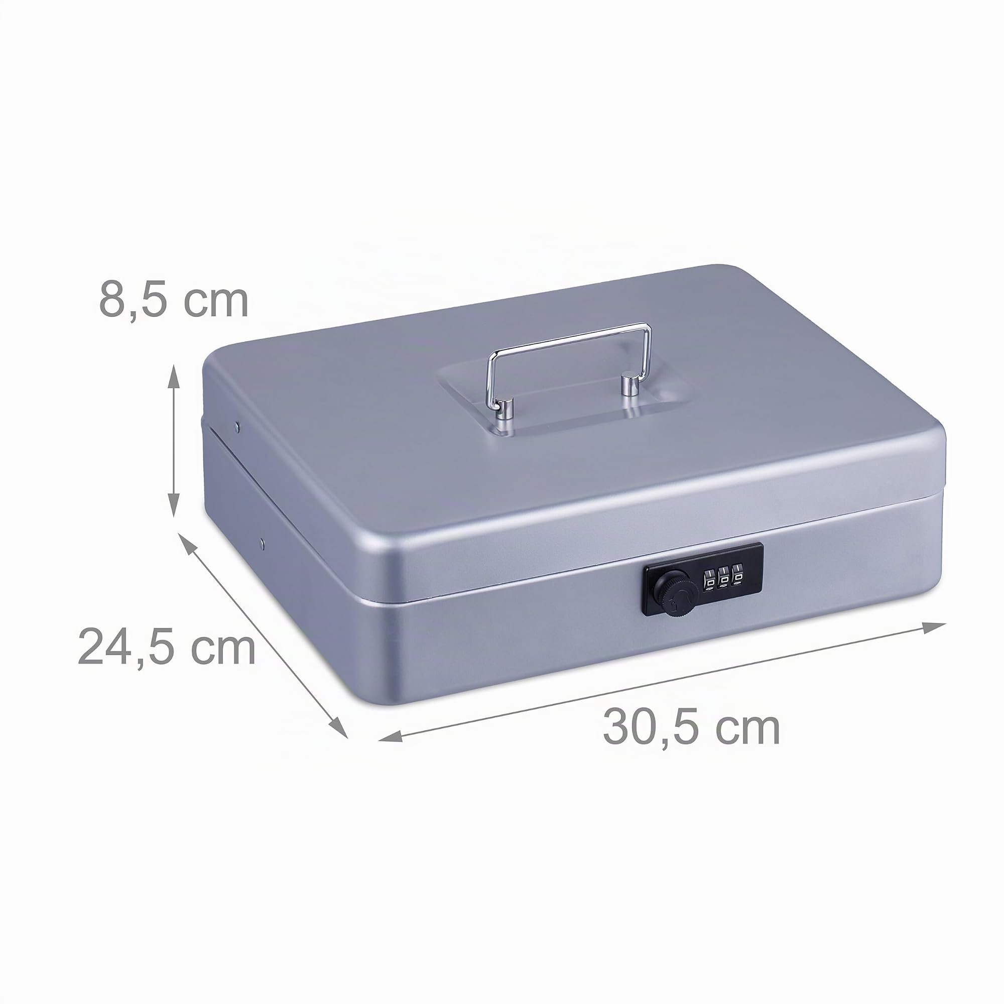 Relaxdays Caja Dinero, Combinación 3 Números, Bandeja para Monedas y 4 Espacios para Billetes, Efectivo, Plateado