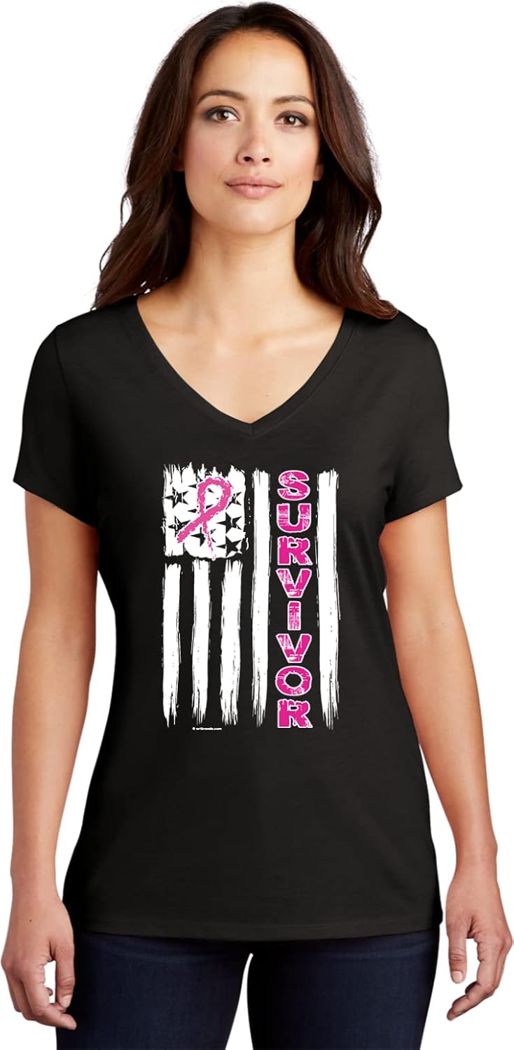 Breast Cancer Awareness Distressed Survivor Flag Womens Tri Blend V-Neck T-Shirt