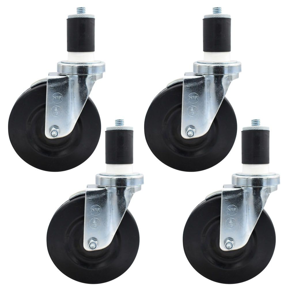 BK Resources 5" Hard Rubber 1-5/8" Expanding Stem Swivel Casters, Set of 4, NSF, Top Lock Brake, 300lb Capacity, Non-Marking High Impact, Resistant to Grease & Water, Double Ball Bearing, Zinc Plated