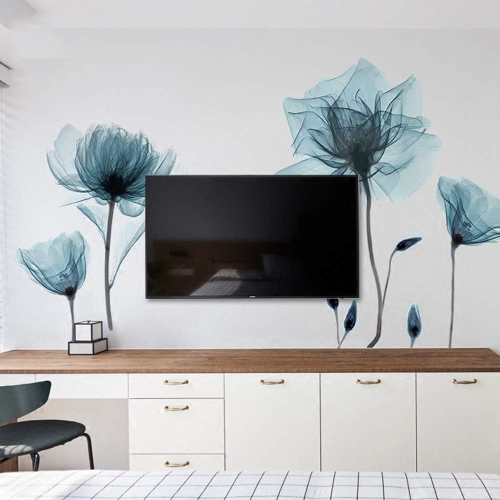 Blue Flower Wall Decals Stickers,Peel and Stick Flower Wall Sticker DIY Floral Wall Art for Bedroom Living Room Classroom Office (Blue Flower)