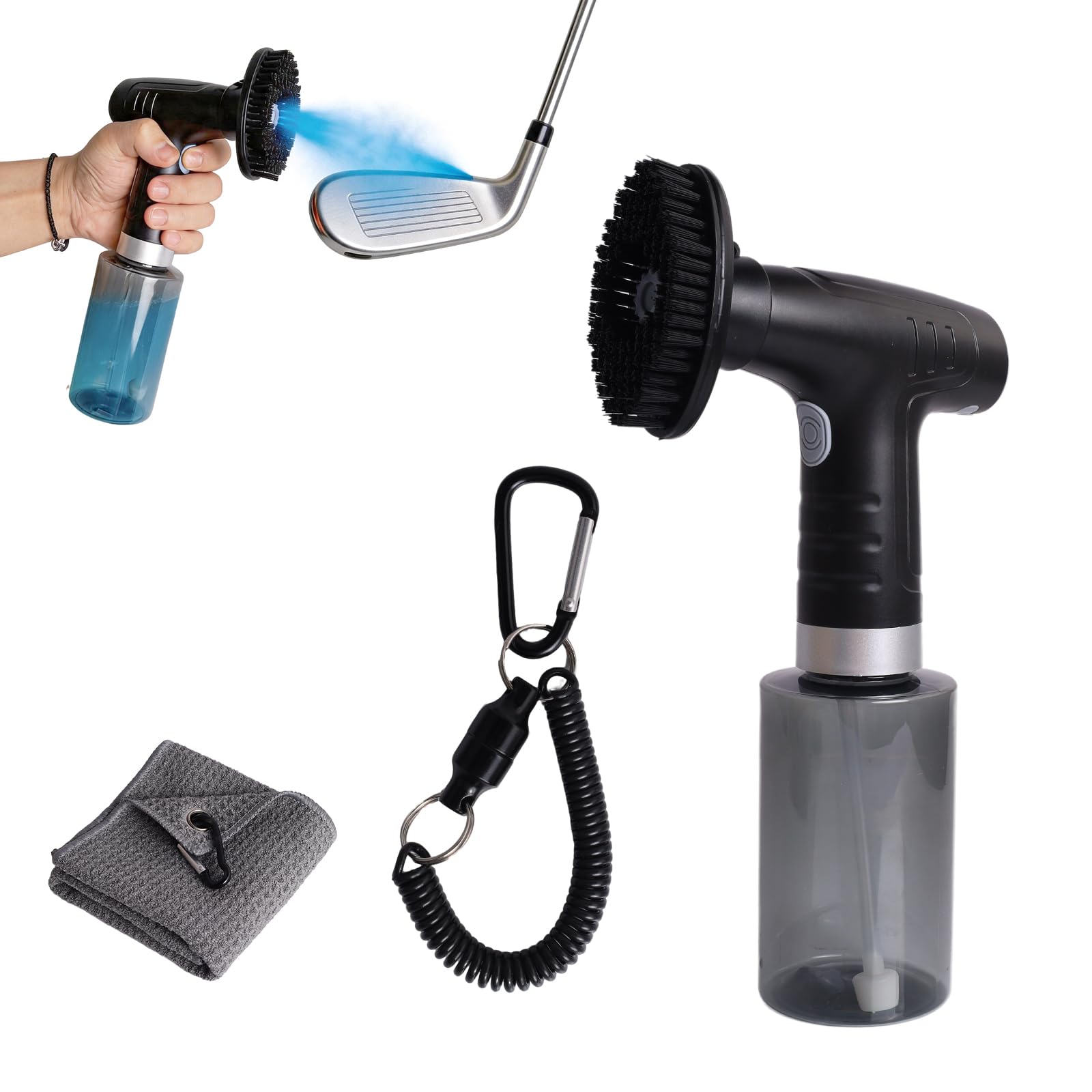 Golf Club Cleaner Brush With Automatic Sprinkler Function, 250ml Storage & Extendable Cable, Golf Club Cleaner for Efficient Cleaning With Golf Towel, Electric Golf Groove Cleaning Tool Ball