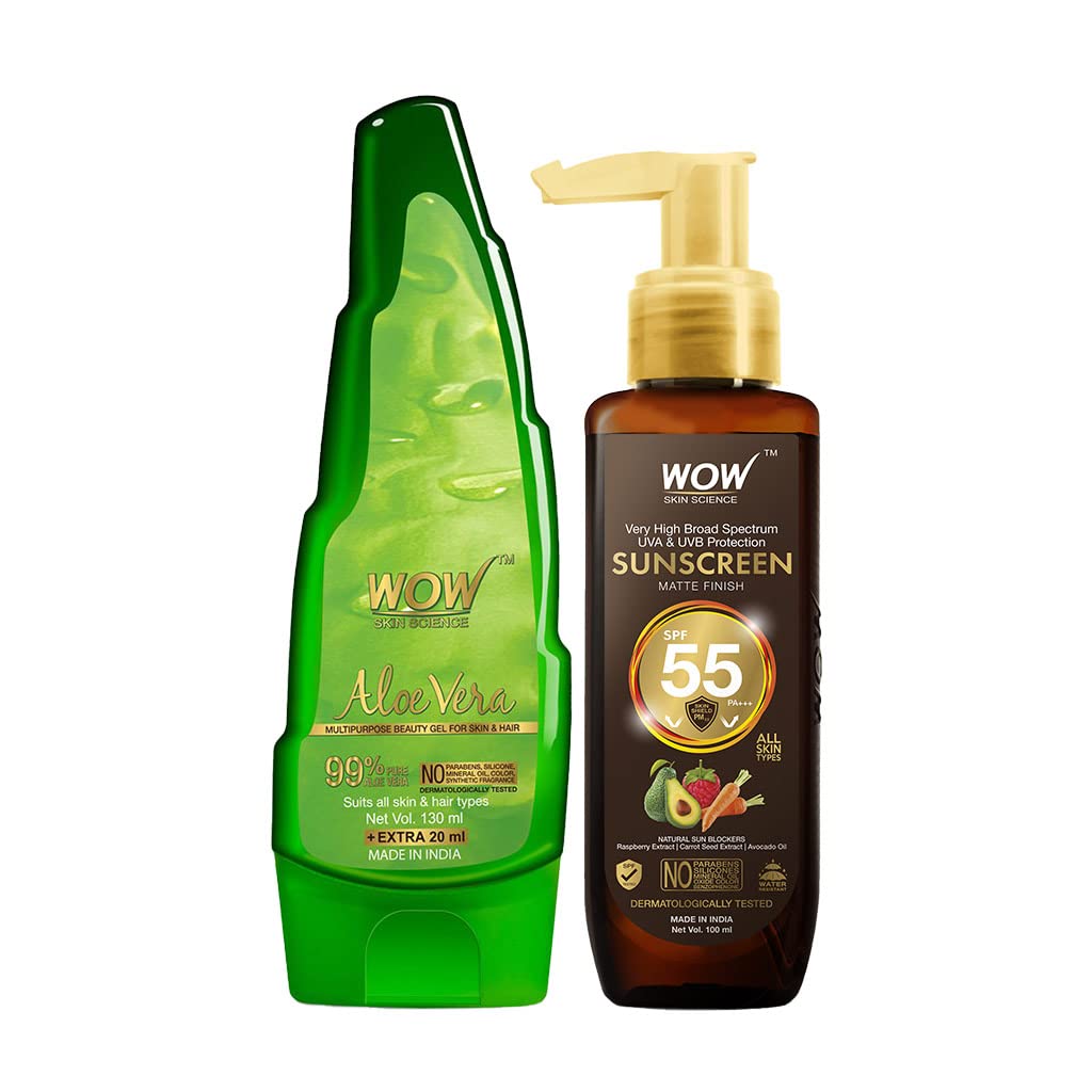 WOW Skin ScienceSunscreen Kit - consist of Sunscreen Matte Finish SPF 55 & 99% Pure Aloe Vera Gel - Net Vol 250ml