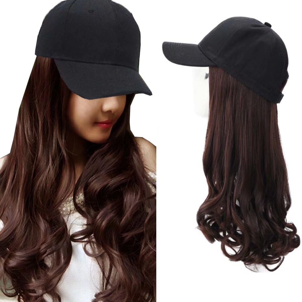iLUU Synthetic Long Hair Extensions Hat with Curly Wavy Hairpiece Baseball Cap With Hairpieces Attached Adjustable Cap Black Hat Wigs Dark Brown Hair
